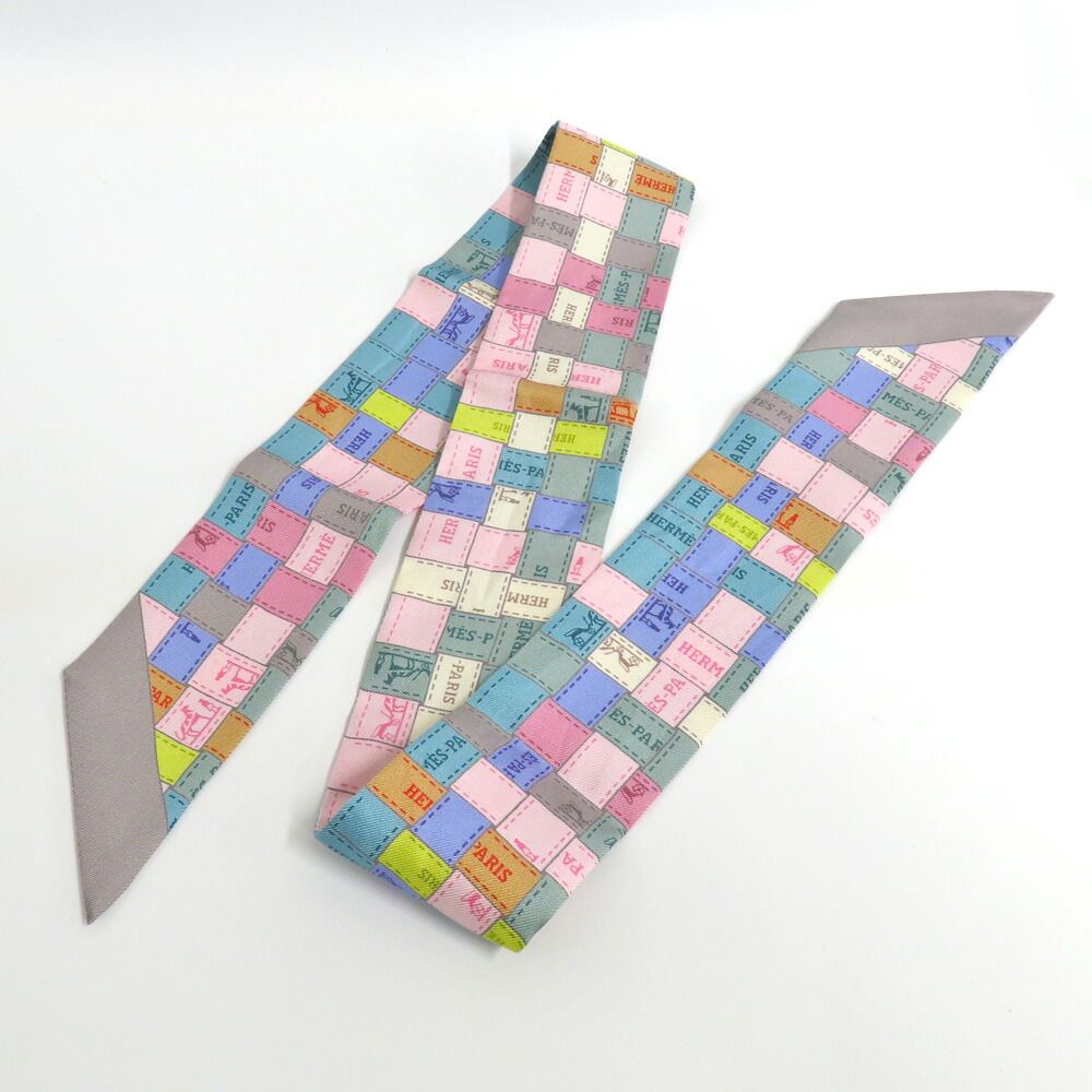 Hermes Twilly Bolduc Check Silk Gray Multicolor Pastel — view 7