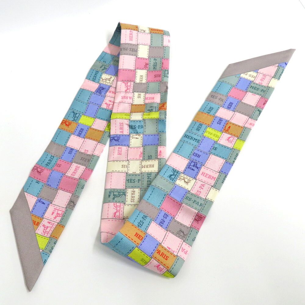 Hermes Twilly Bolduc Check Silk Gray Multicolor Pastel — view 6