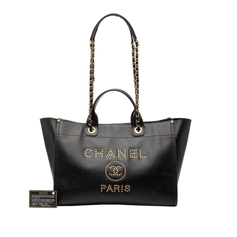Chanel Deauville Logo Stud Tote Shoulder Bag 2-Way Black Caviar Leather — view 7