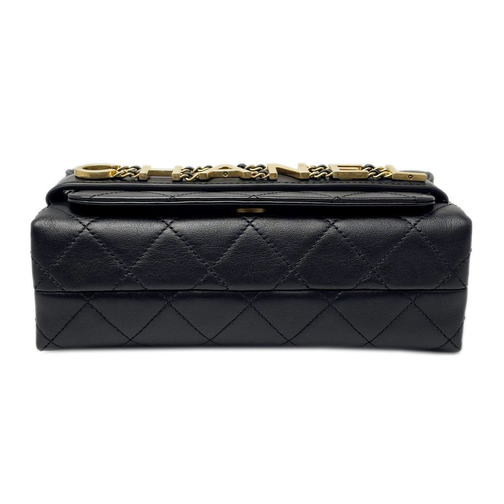 Chanel Shoulder Bag Quilted Logo Chain Black Gold Lambskin — view 6