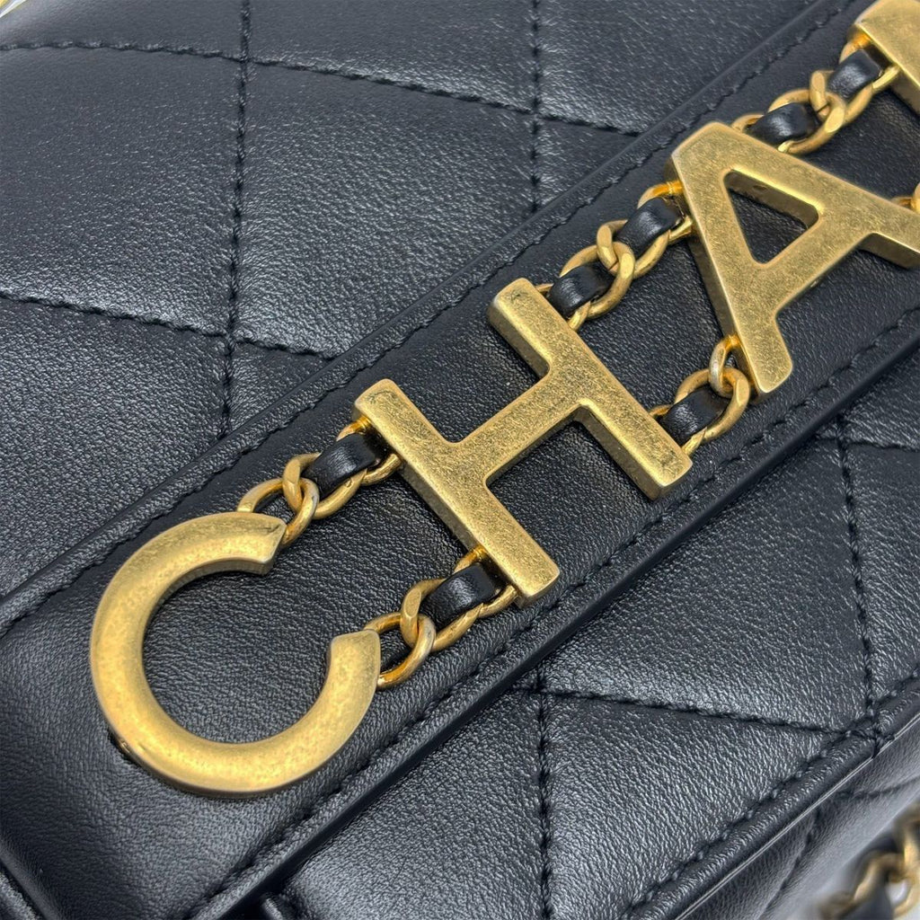 Chanel Shoulder Bag Quilted Logo Chain Black Gold Lambskin — view 2
