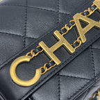 Chanel Shoulder Bag Quilted Logo Chain Black Gold Lambskin — view 2