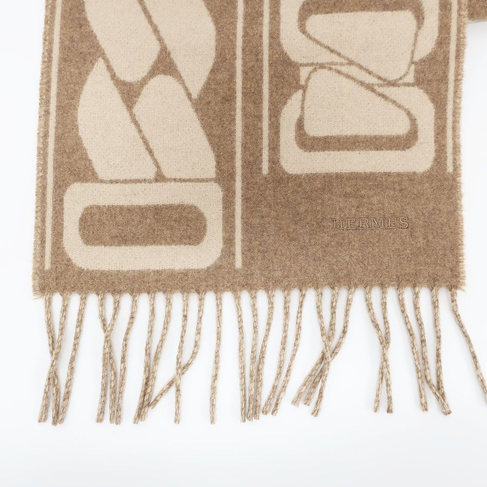Hermes Scarf Click Se Nue Cashmere Brown Marron Glace Cles Fringe Shawl — view 3