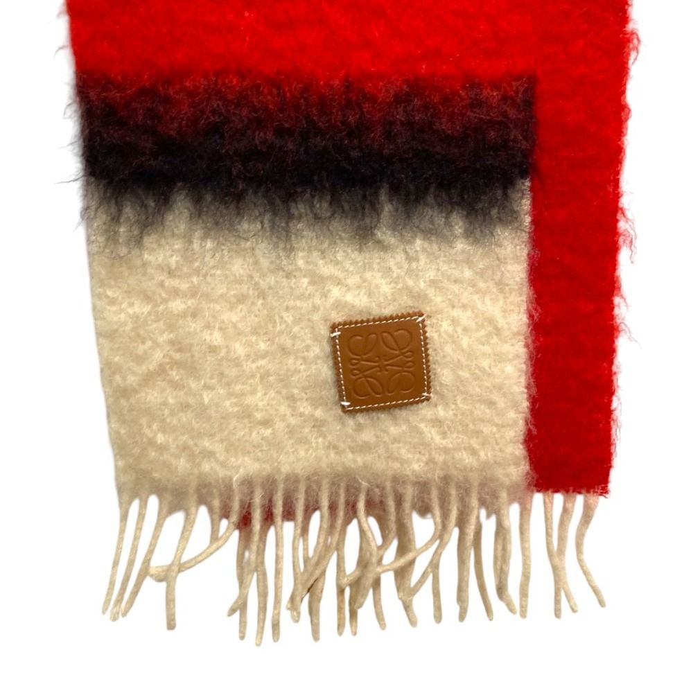 Loewe Anagram Leather Patch Wool Mohair Shaggy Scarf Red — view 3