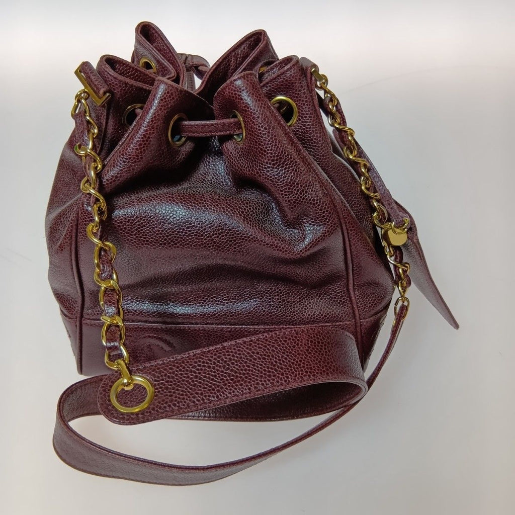 Chanel Shoulder Bag Drawstring Chain Caviar Leather CC Logo Gold Bold — view 3
