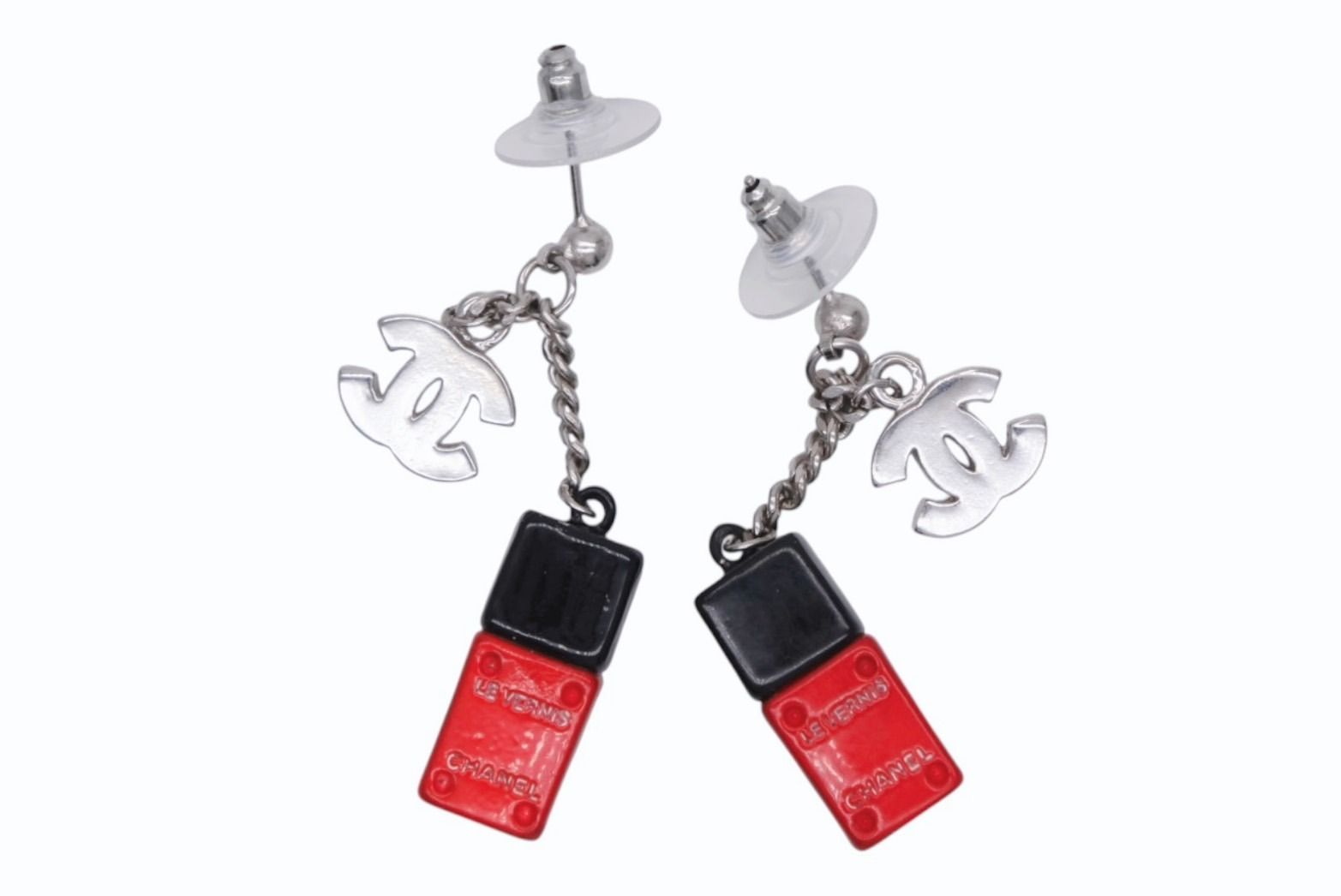 Chanel CC Logo Nail Bottle Earrings Black Red Silver Brass