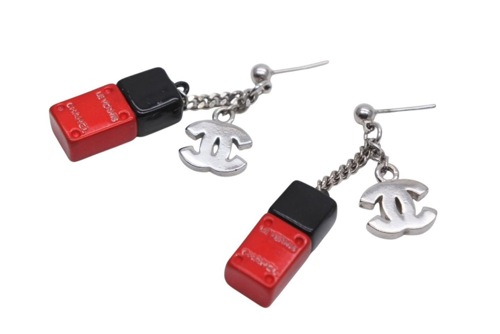 Chanel CC Logo Nail Bottle Earrings Black Red Silver Brass — view 2