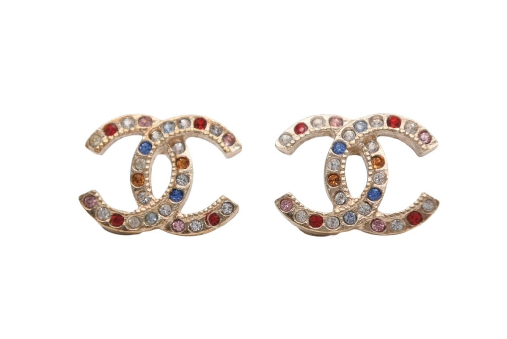 Chanel Earrings CC Logo Rhinestone Red Gold