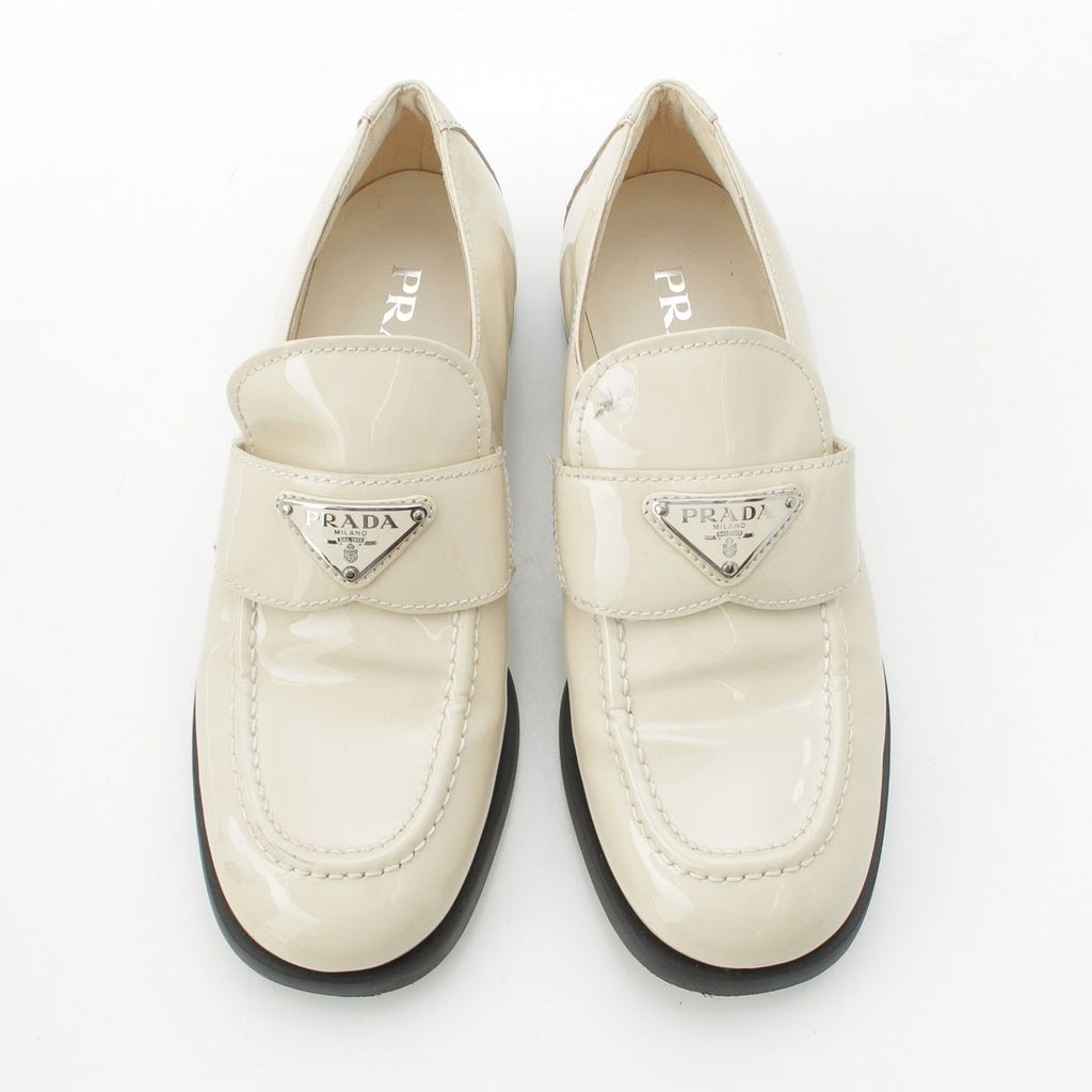 Prada Patent Leather Triangle Logo Chocolate Brushed Loafers Off White 37 — view 2