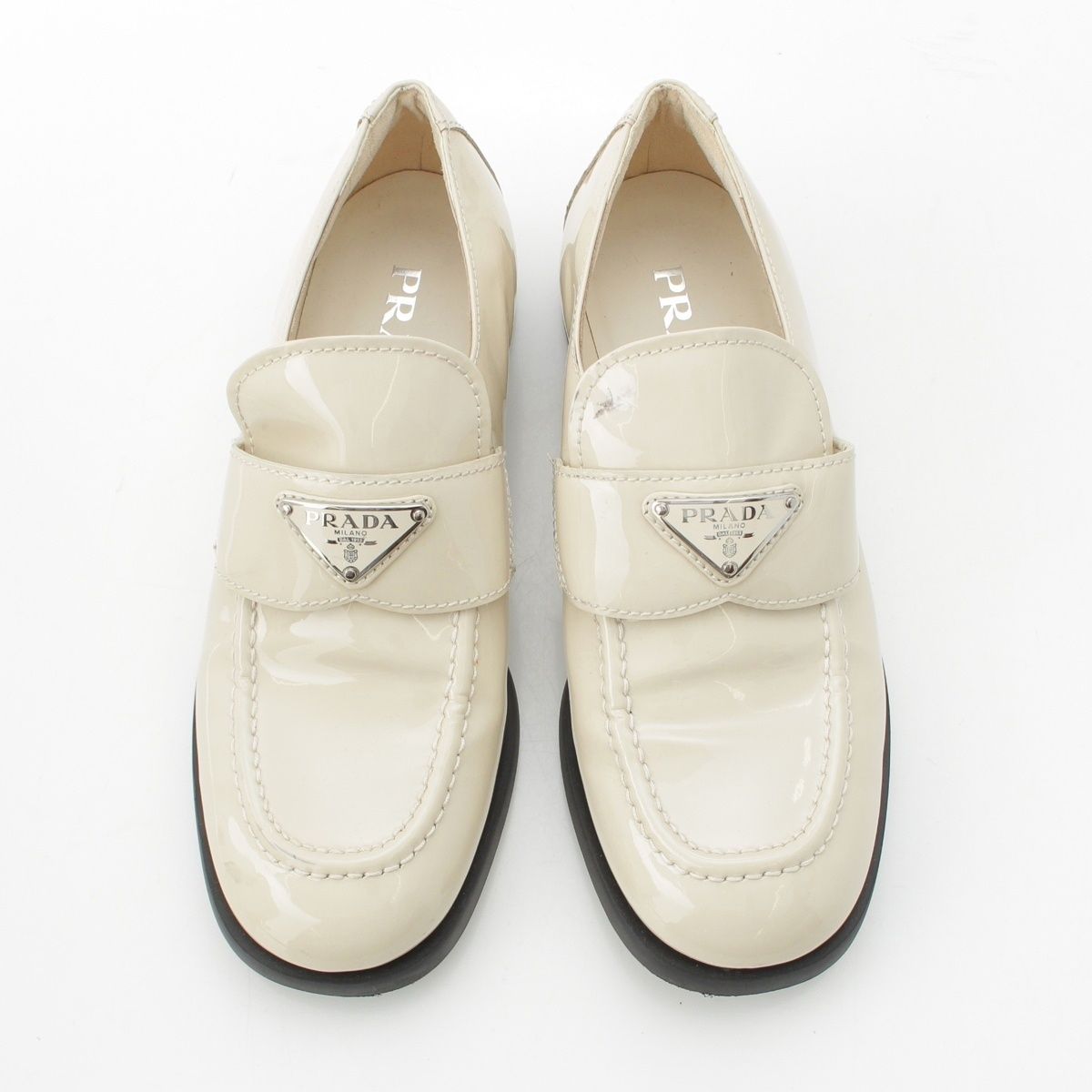 Prada Patent Leather Triangle Logo Chocolate Brushed Loafers Off White 37 — view 2