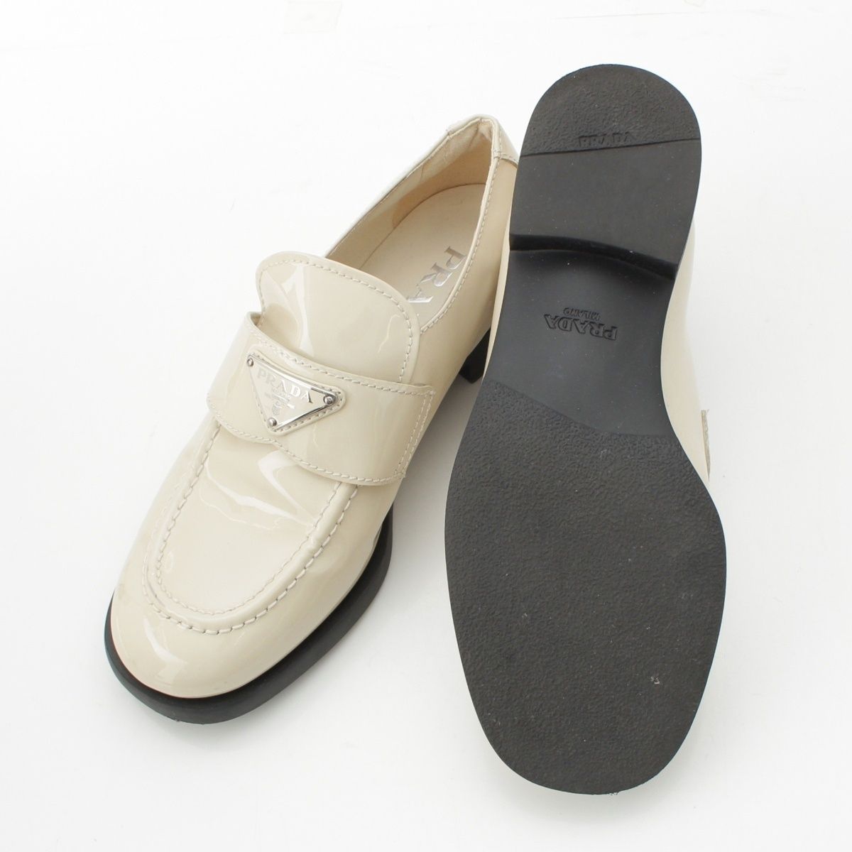 Prada Patent Leather Triangle Logo Chocolate Brushed Loafers Off White 37 — view 5