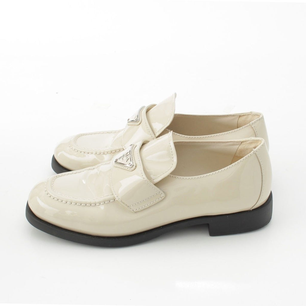 Prada Patent Leather Triangle Logo Chocolate Brushed Loafers Off White 37 — view 3