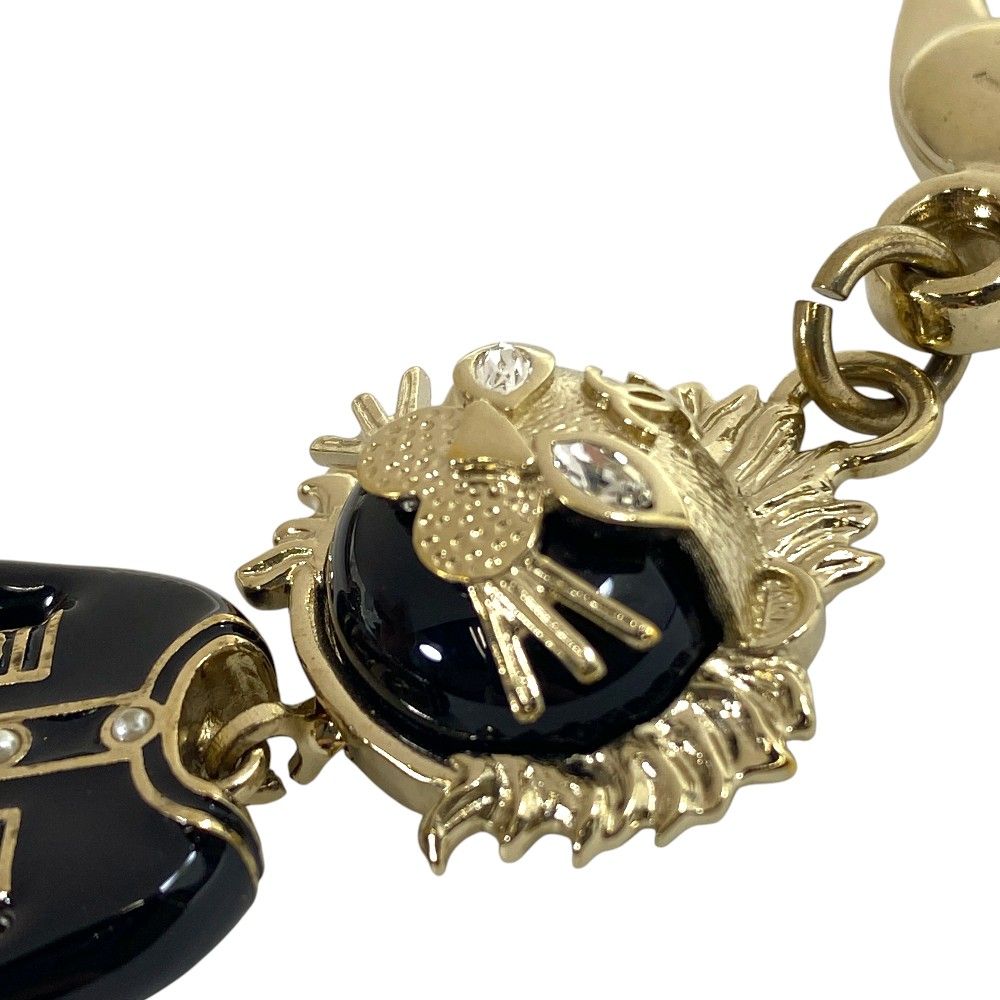 Chanel Lion Charm Key Holder Ring CC Logo Rhinestone Pearl Gold Black — view 9