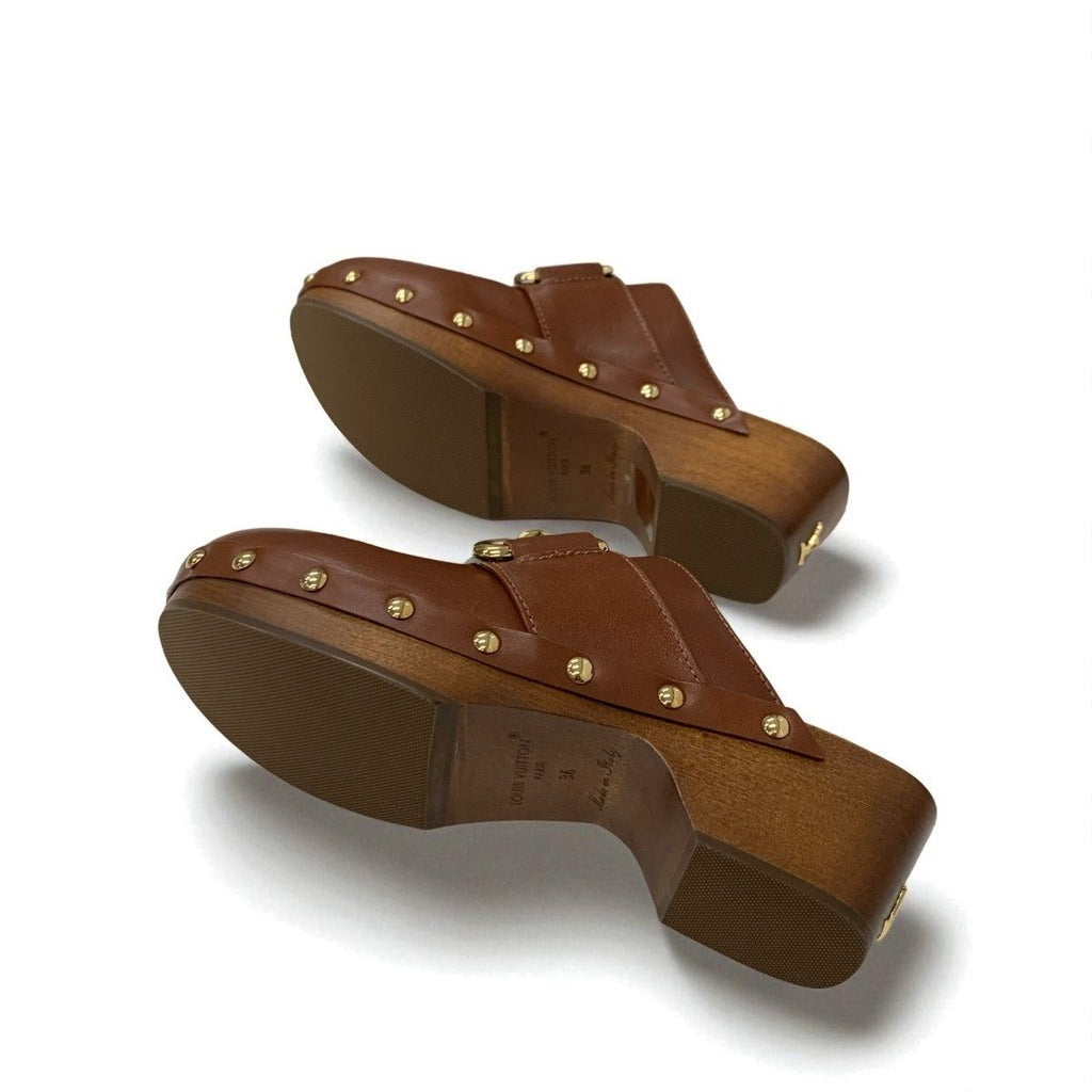 Louis Vuitton Cottage Line Sandals Shoes Leather Brown Gold Logo Studs Sabot — view 6