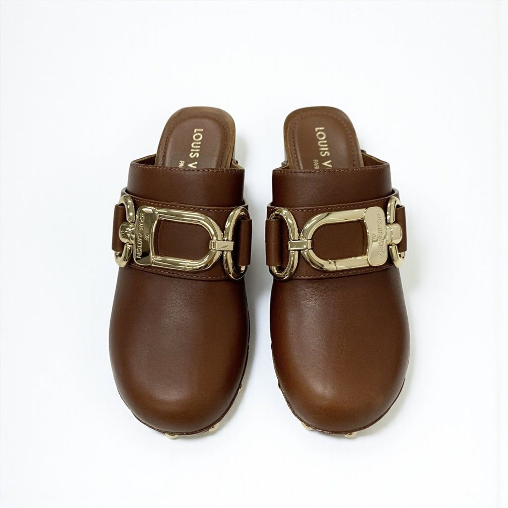 Louis Vuitton Cottage Line Sandals Shoes Leather Brown Gold Logo Studs Sabot — view 2