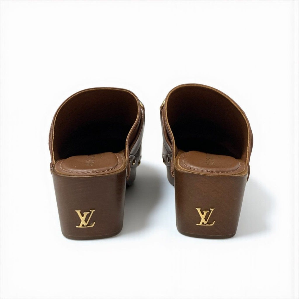 Louis Vuitton Cottage Line Sandals Shoes Leather Brown Gold Logo Studs Sabot — view 5