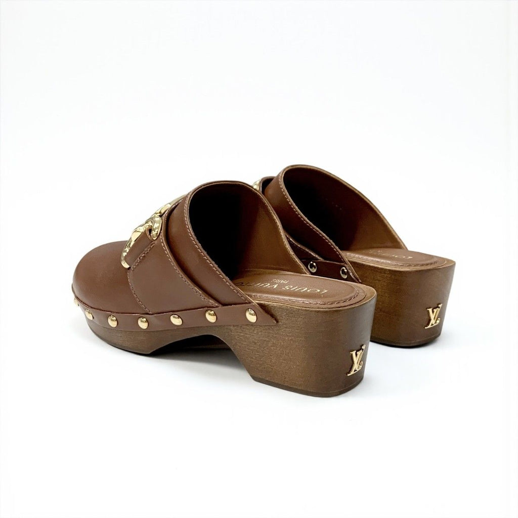 Louis Vuitton Cottage Line Sandals Shoes Leather Brown Gold Logo Studs Sabot — view 4