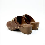 Louis Vuitton Cottage Line Sandals Shoes Leather Brown Gold Logo Studs Sabot — view 4