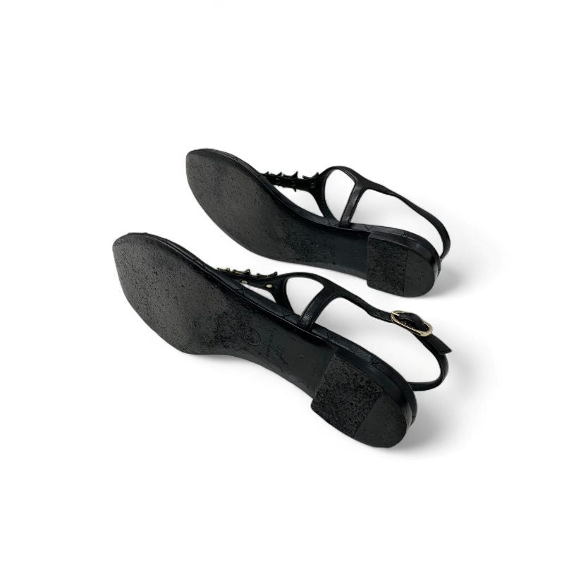 Chanel Sandals Shoes Leather Black Gold CC Logo Star Quilted Thong Flat — view 6