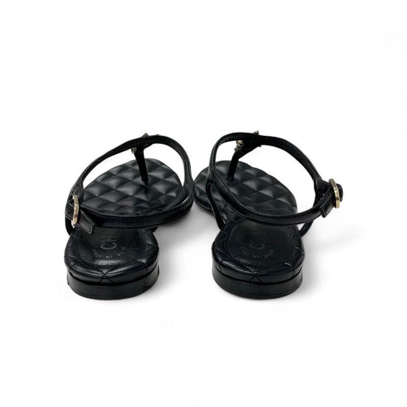 Chanel Sandals Shoes Leather Black Gold CC Logo Star Quilted Thong Flat — view 5