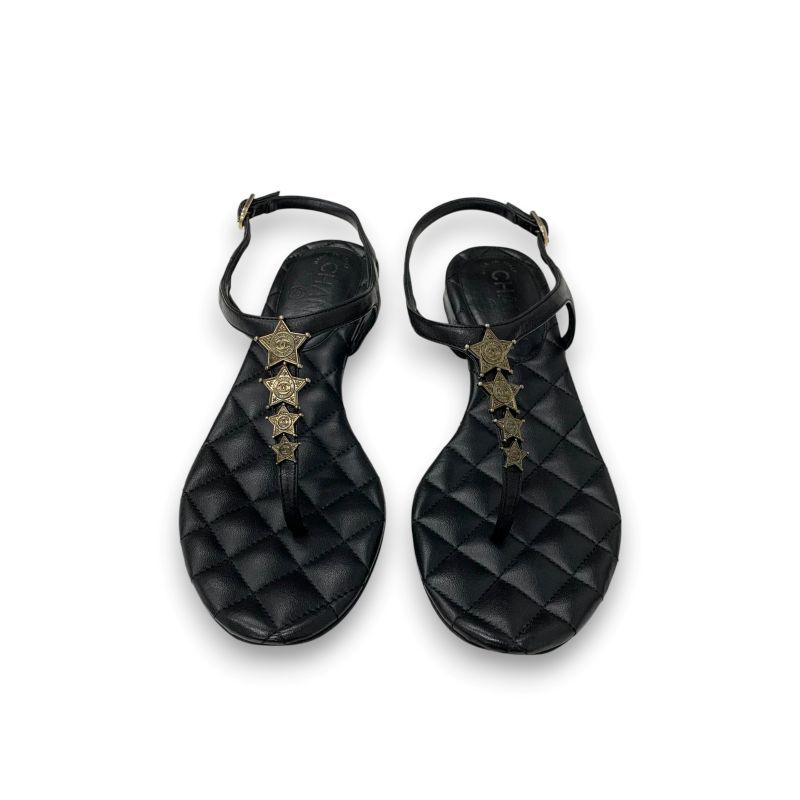 Chanel Sandals Shoes Leather Black Gold CC Logo Star Quilted Thong Flat — view 2