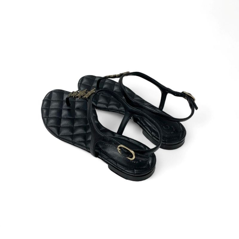 Chanel Sandals Shoes Leather Black Gold CC Logo Star Quilted Thong Flat — view 4