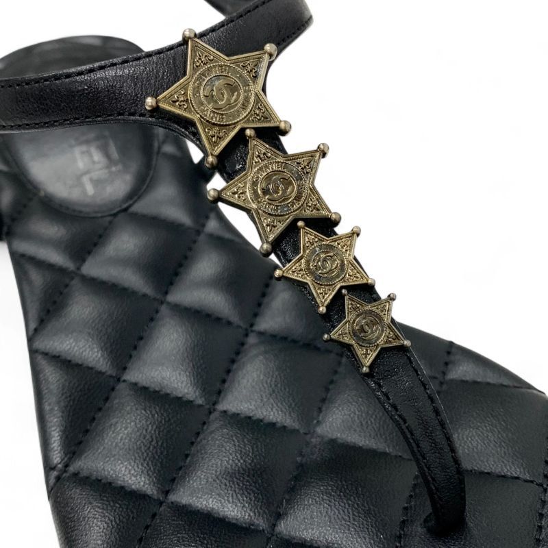 Chanel Sandals Shoes Leather Black Gold CC Logo Star Quilted Thong Flat — view 9