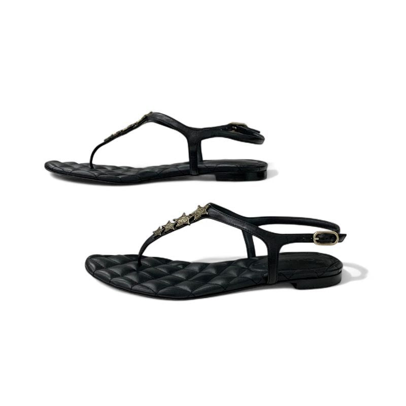 Chanel Sandals Shoes Leather Black Gold CC Logo Star Quilted Thong Flat — view 3