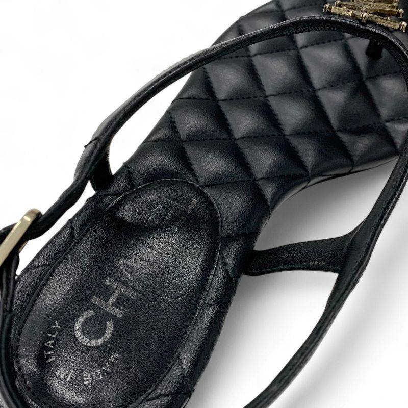 Chanel Sandals Shoes Leather Black Gold CC Logo Star Quilted Thong Flat — view 7