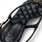 Chanel Sandals Shoes Leather Black Gold CC Logo Star Quilted Thong Flat — view 7