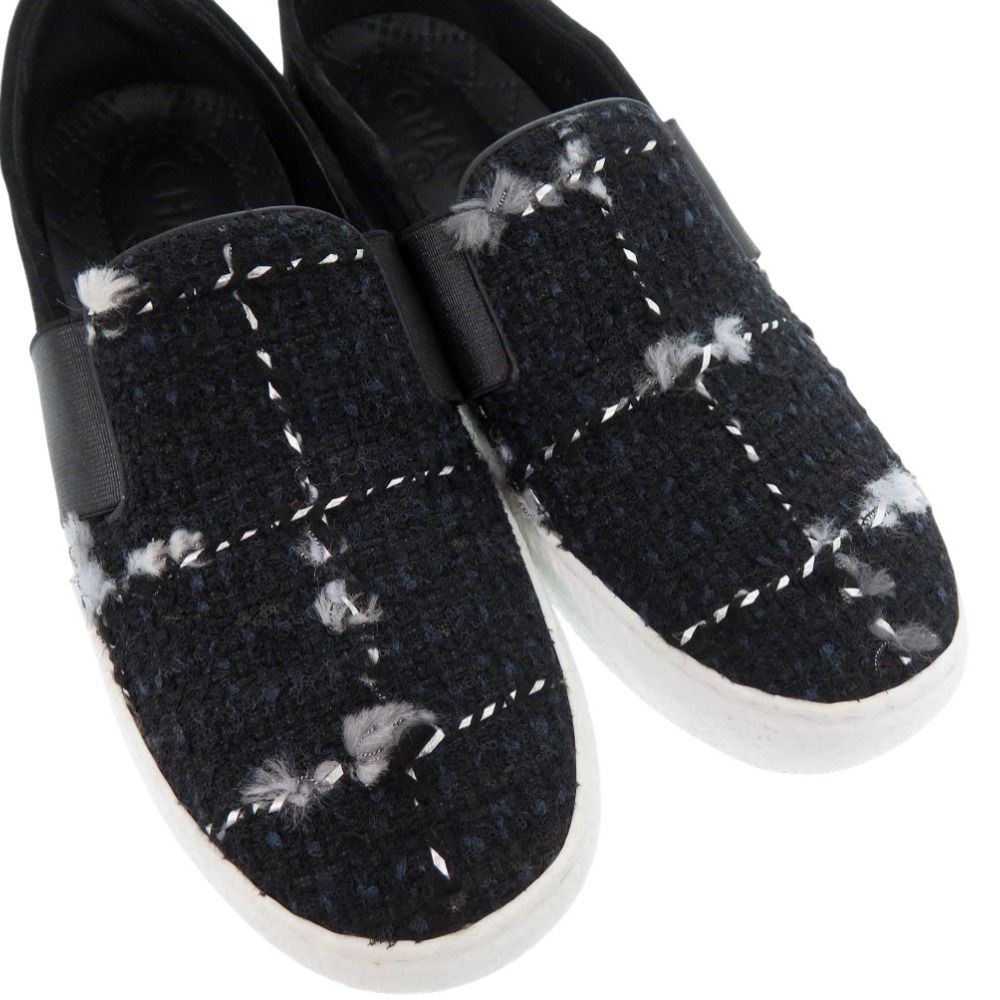 Chanel CC Logo Tweed Slip Ons Sneakers Suede Black — view 8