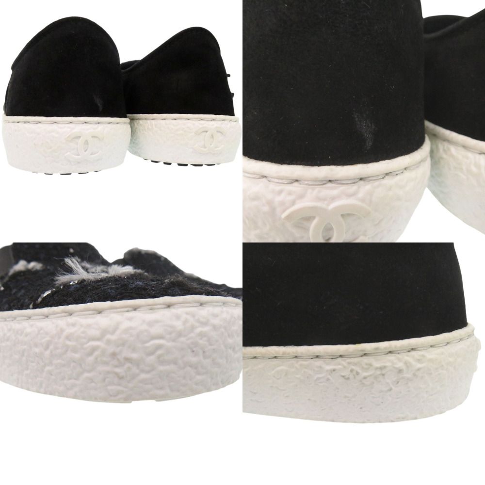 Chanel CC Logo Tweed Slip Ons Sneakers Suede Black — view 9