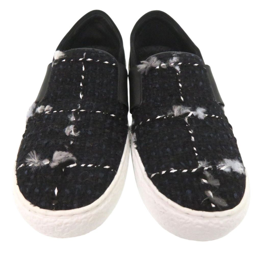Chanel CC Logo Tweed Slip Ons Sneakers Suede Black — view 2