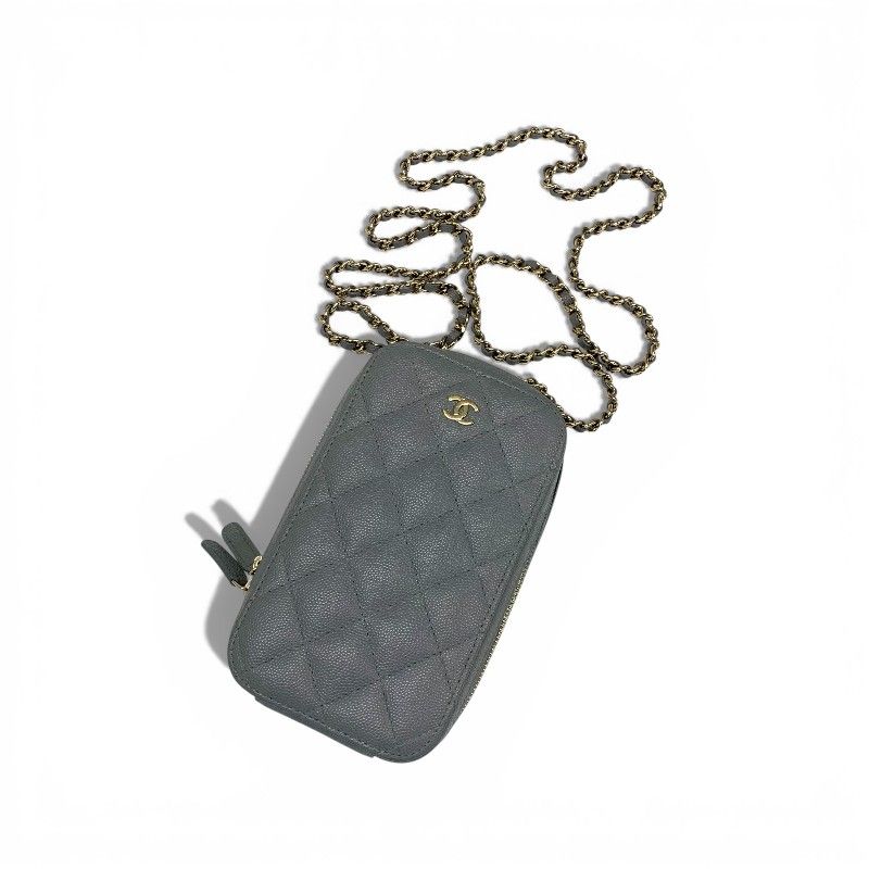 Chanel Shoulder Bag Gray Gold CC Logo Quilted Phone Case Mobile Pouch — view 5