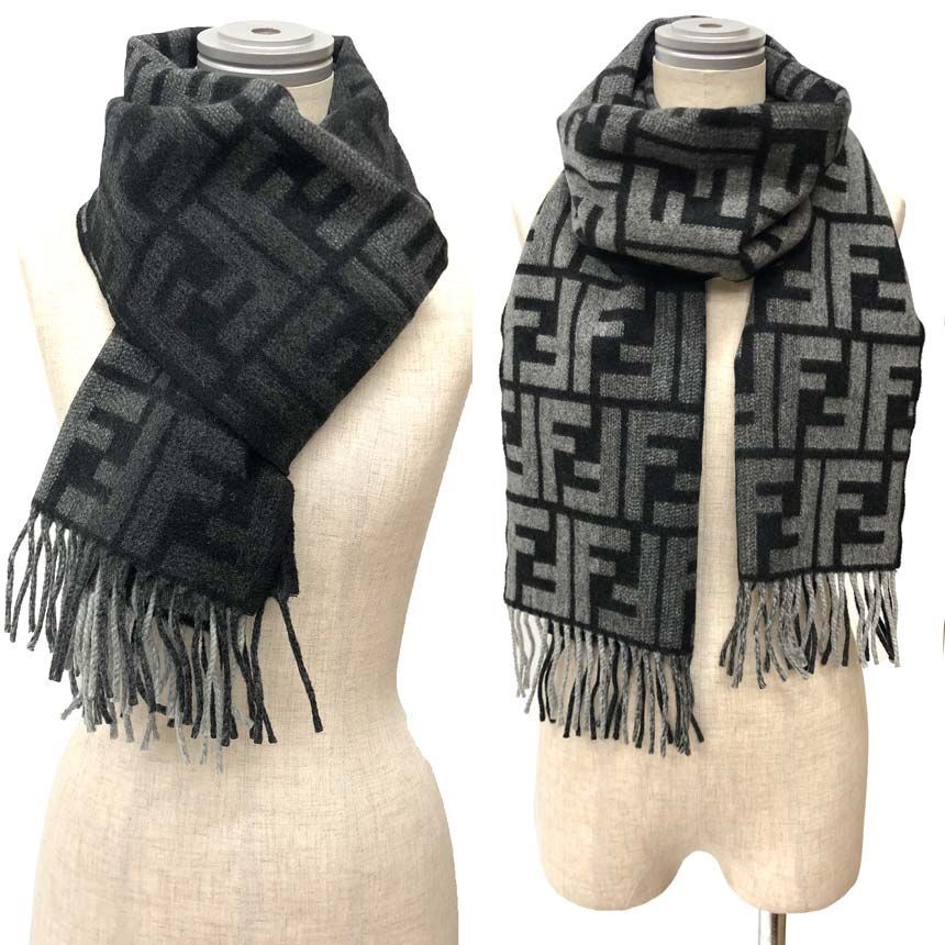 Fendi Zucca FF Scarf Gray Black Wool Cashmere — view 2