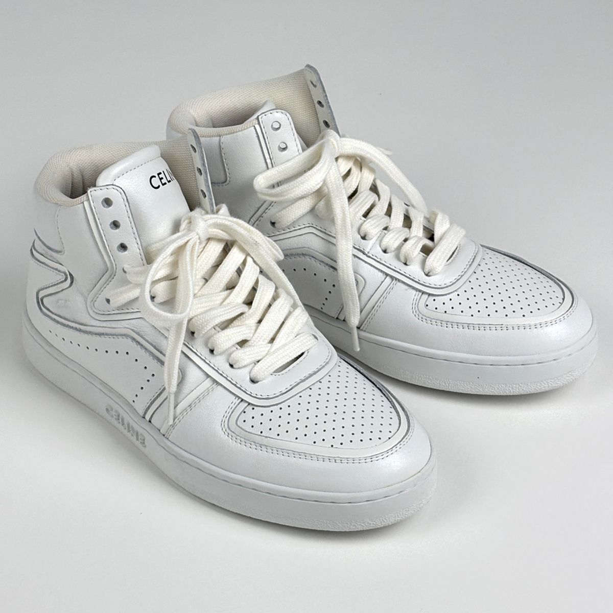 Celine CT 01 Lace Up High Cut Sneakers Logo Shoes Leather White — view 8