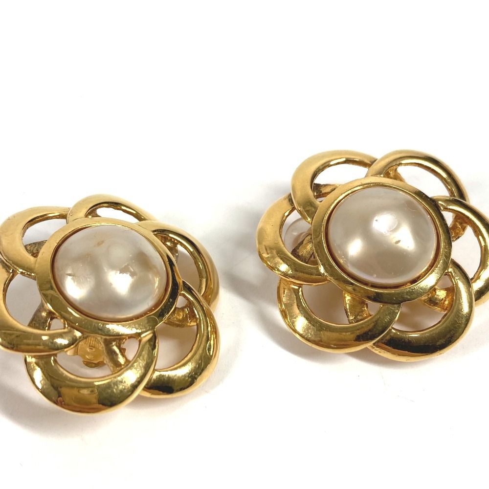 Chanel Earrings Faux Pearl Flower Metal Gold — view 2