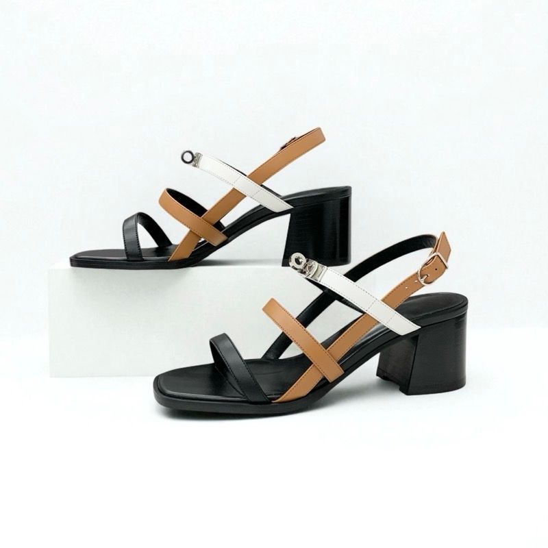 Hermes Eve Sandals Shoes Leather Brown Black White Kelly Strap — view 3