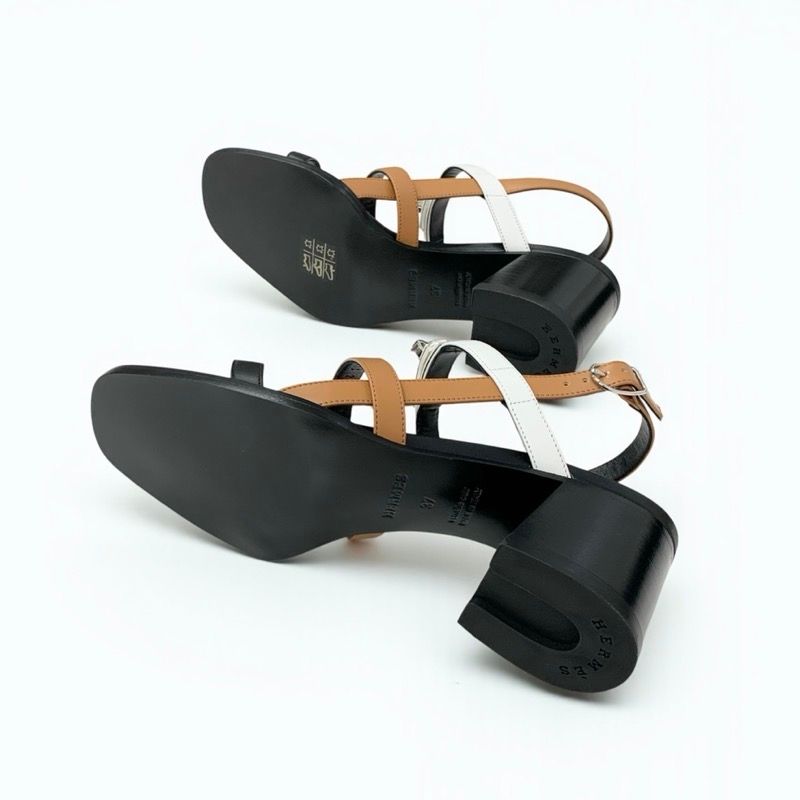 Hermes Eve Sandals Shoes Leather Brown Black White Kelly Strap — view 6