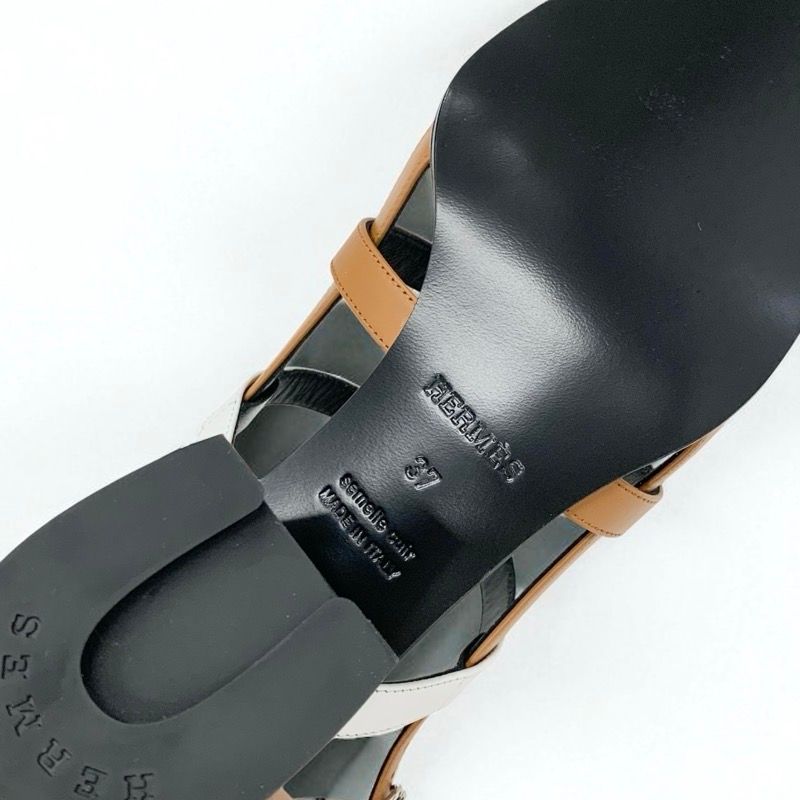 Hermes Eve Sandals Shoes Leather Brown Black White Kelly Strap — view 8