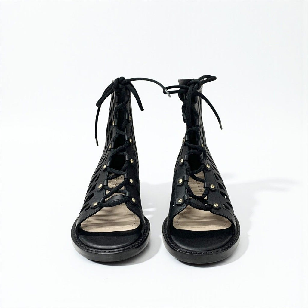 Dior D-trap Short Boots Leather Black Mesh Lace Up Sandals Open Toe — view 2