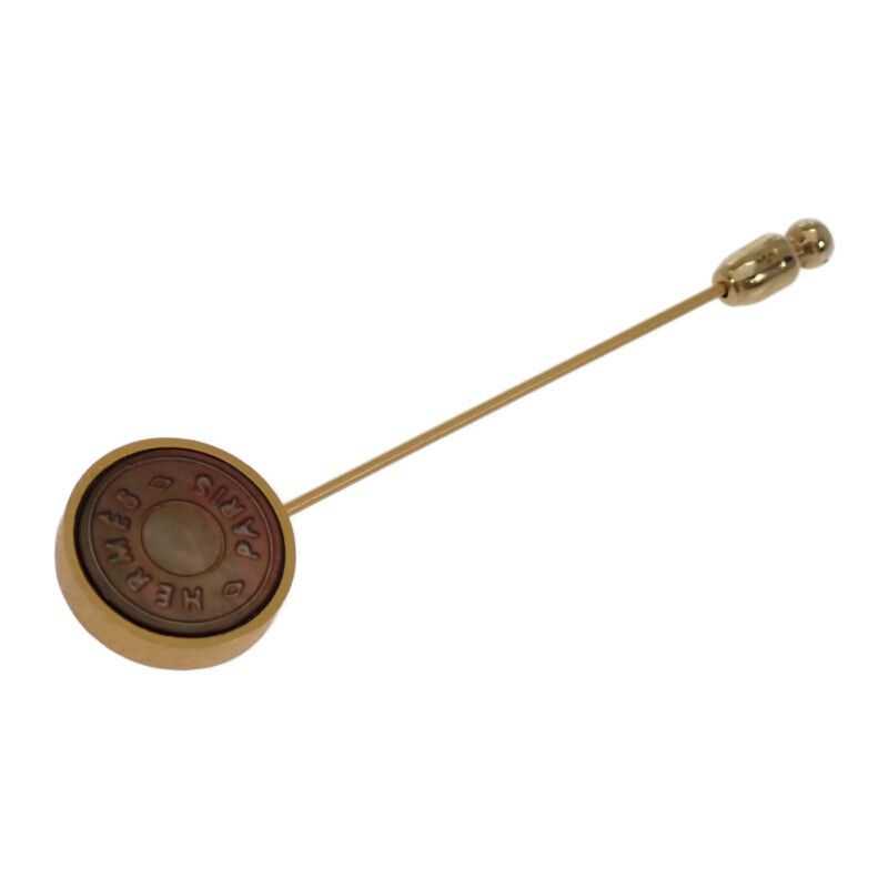 Hermes Shell Pin Brooc Metal Gold Brown Brooch — view 2