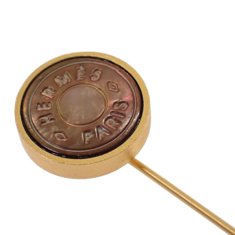 Hermes Shell Pin Brooc Metal Gold Brown Brooch — view 3