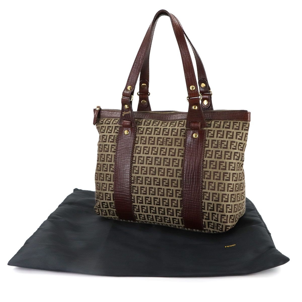 Fendi Zucchino Tote Canvas Leather Beige Brown Gold — view 2