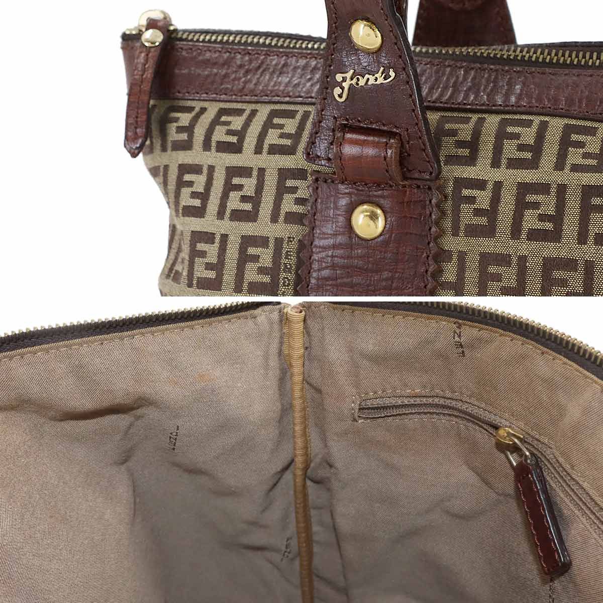 Fendi Zucchino Tote Canvas Leather Beige Brown Gold — view 9