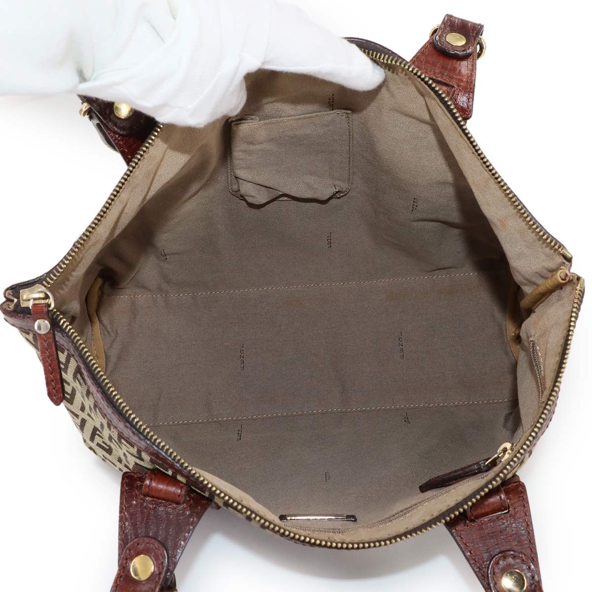 Fendi Zucchino Tote Canvas Leather Beige Brown Gold — view 7