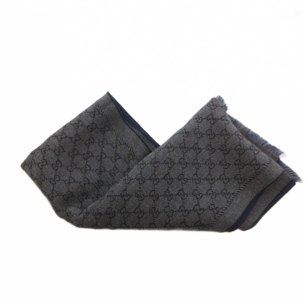 Gucci Scarf Shawl GG Pattern Fringe Bicolor Navy Gray — view 3