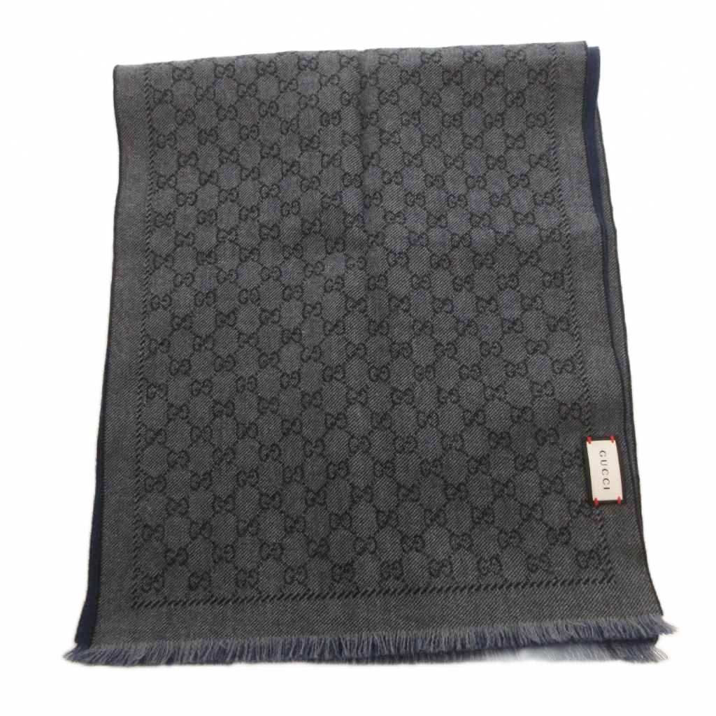 Gucci Scarf Shawl GG Pattern Fringe Bicolor Navy Gray — view 2