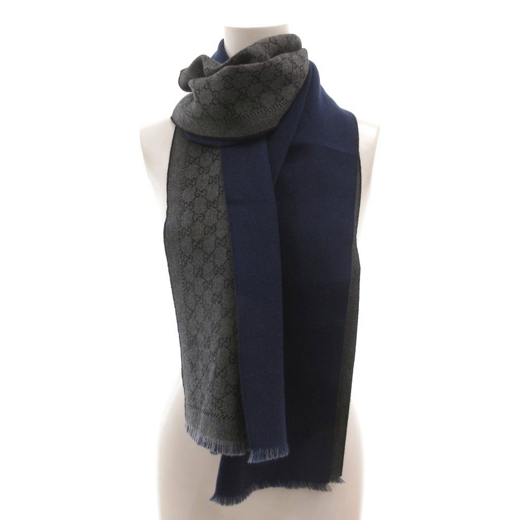 Gucci Scarf Shawl GG Pattern Fringe Bicolor Navy Gray — view 6