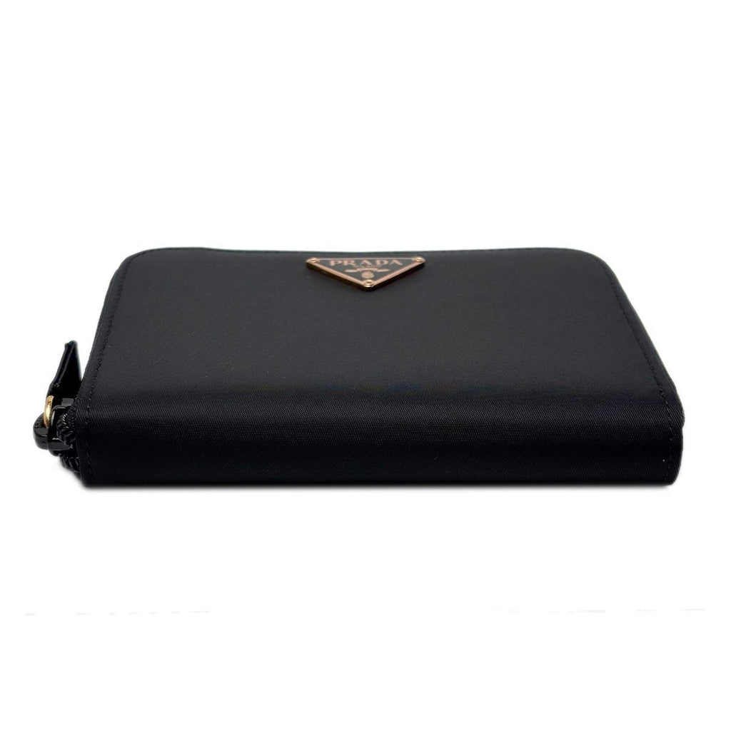 Prada Wallet Bifold Tessuto Nylon Leather Black Gold Zip Around — view 5